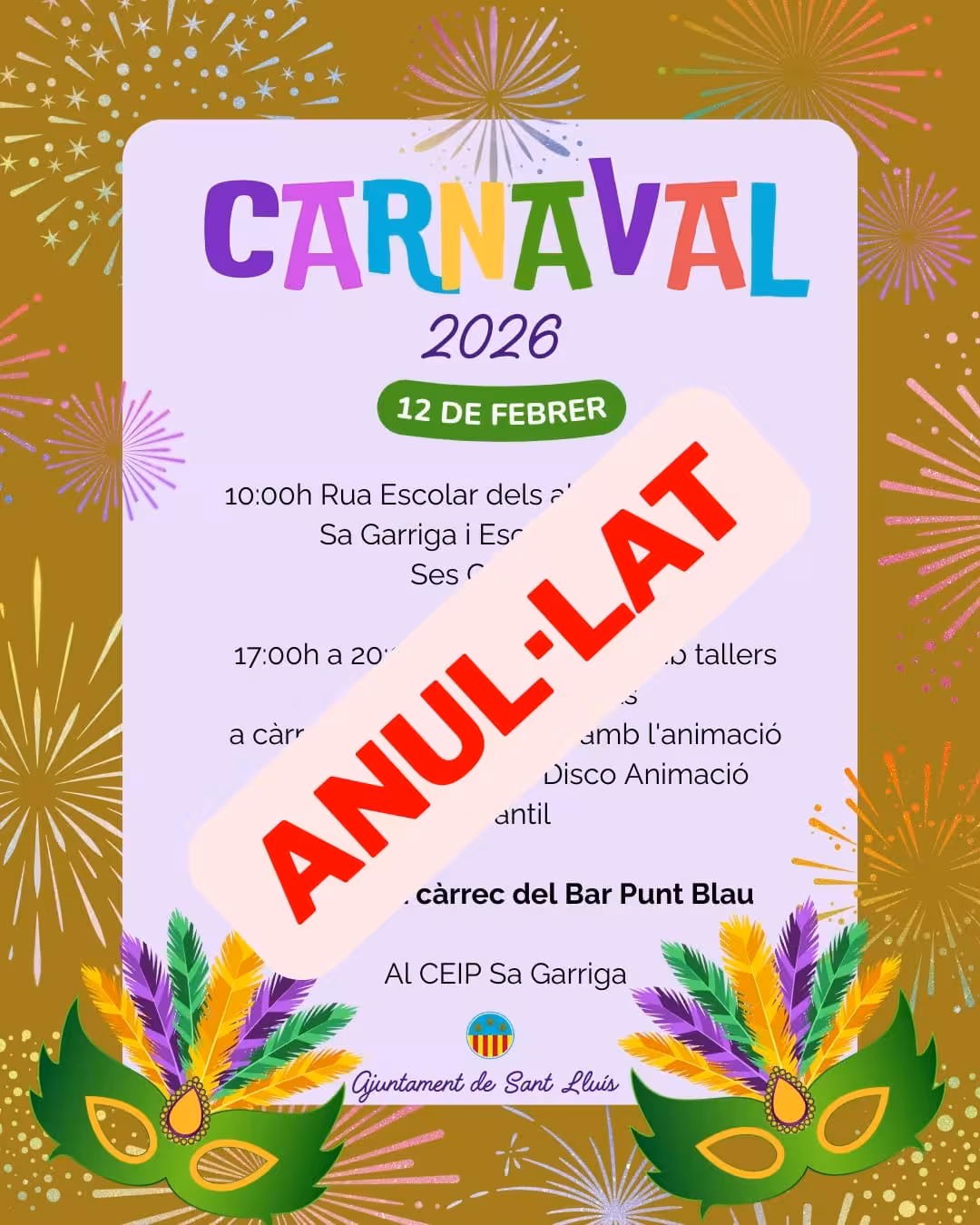 Sant Lluís cancela la fiesta infantil de Carnaval en el CEIP Sa Garriga por el mal tiempo