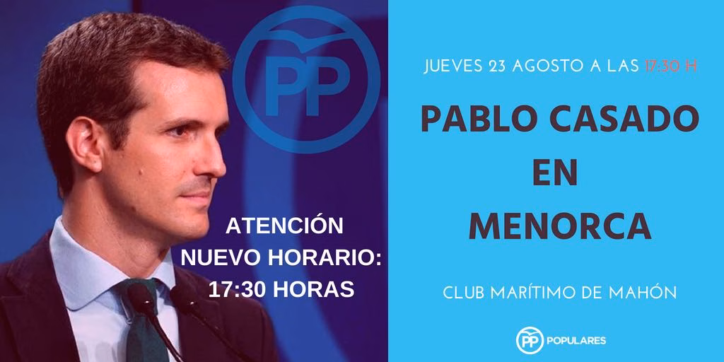 Pablo Casado estará el jueves en Menorca