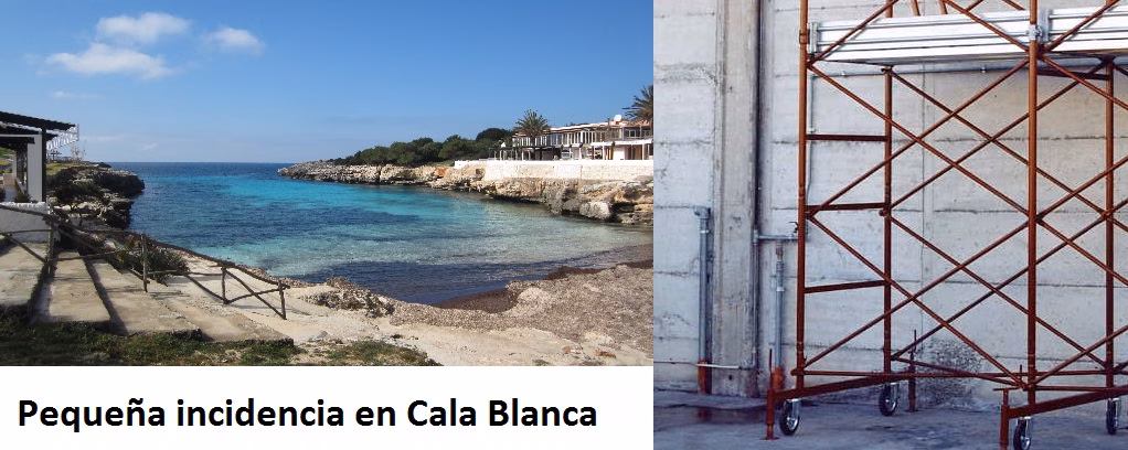 El viento tira un andamio en Cala Blanca e impide que salgan vehículos de un garaje