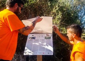 Operarios instalando uno de los carteles. FOTO.- Cime