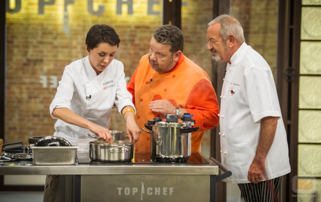 Elisabeth Julienne junto a Alberto Chicote y Karlos Arguiñano en su paso por Top Chef de Antena 3.