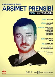 Cartel de su lectura en el Teatro Galata de Estambul este 4 de febrero, con la imagen de su autor Josep Maria Miró.