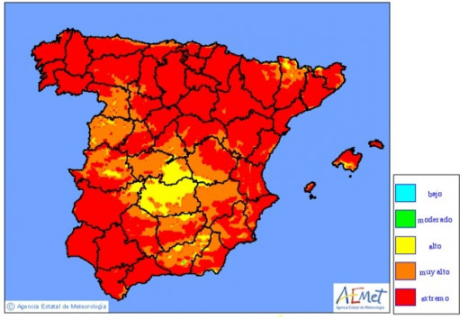 Mapa de riesgos de incendio para este lunes. El del martes apenas varía en Balears.