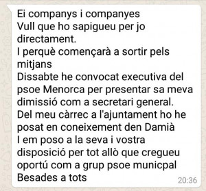 Mensaje de texto de Vicenç Tur a sus allegados.