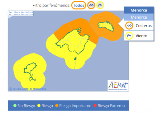 Mapa de alertas de Aemet para la jornada de este martes en Menorca.