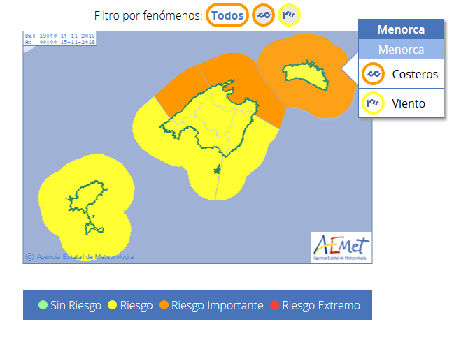 Mapa de alertas de Aemet para la jornada de este martes en Menorca.