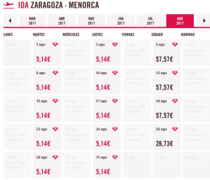 Muestra de precios de Volotea en su web.