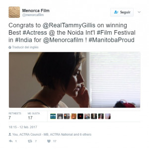 Tweet enviado desde la cuenta del film felicitando a la actriz por el premio.