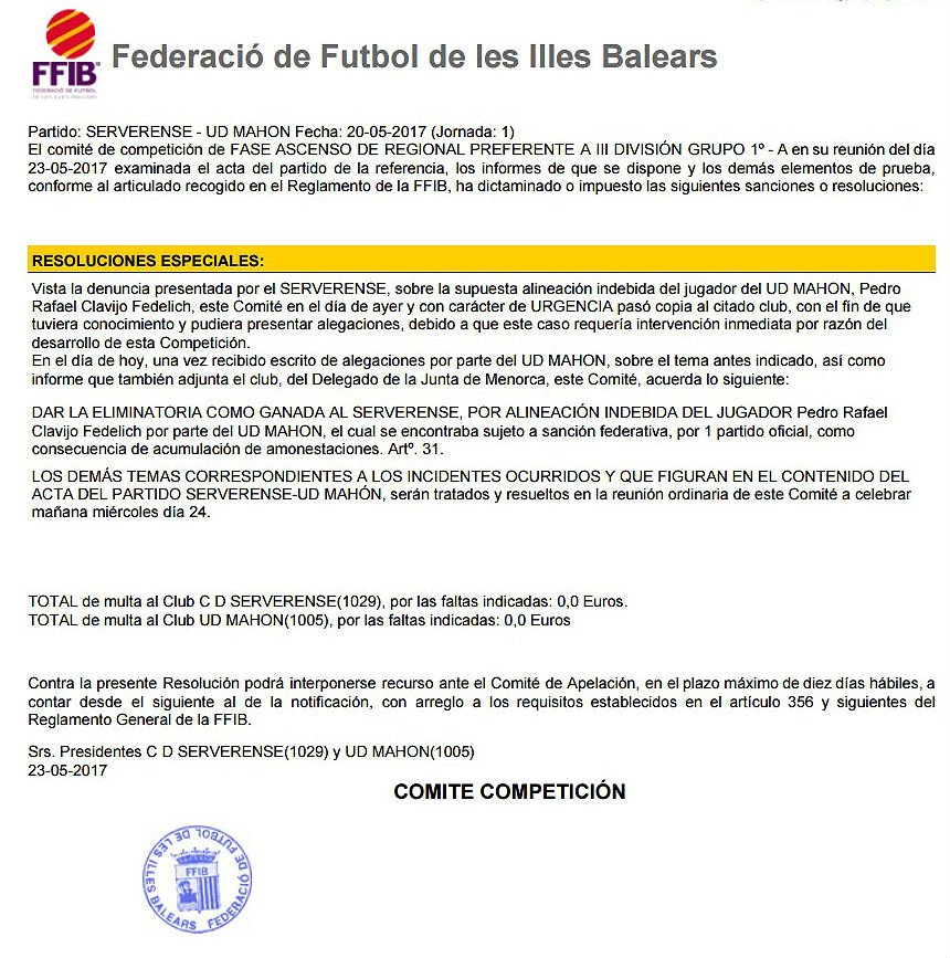 Escrito del Comité de Competición.