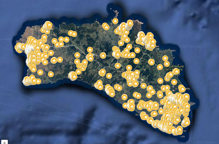 Mapa del alquiler turístico  en Menorca