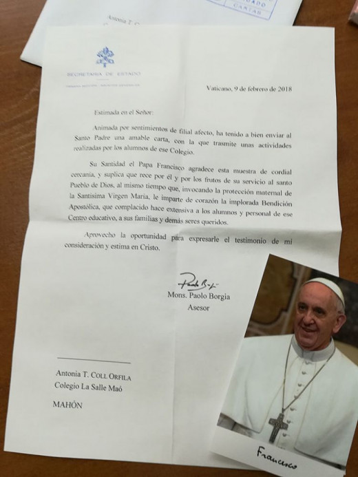 Imagen de la carta de contestación del Papa Francisco.