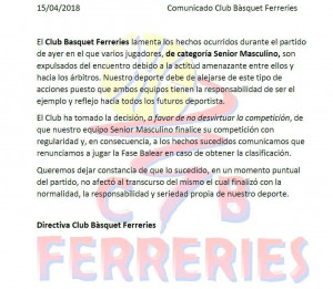 Comunicado del CB Ferreries.