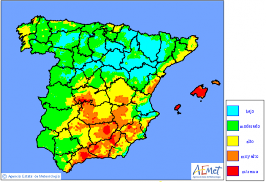 Mapa de niveles por riesgo de incendios forestales (Península y Baleares). AEMET.