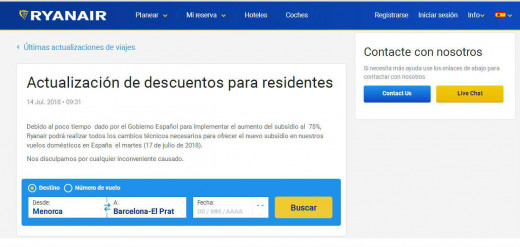 Captura de pantalla de la web de Ryanair.