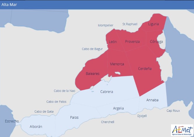 La Aemet señala en este gráfico el campo de acción de la tramuntana para hoy