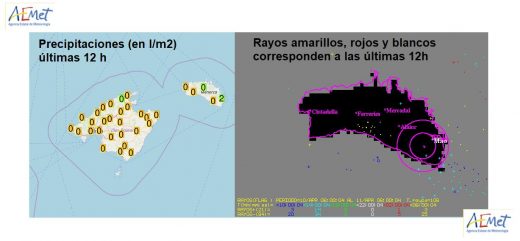 Mapa de precipitaciones y rayos de la Aemet.