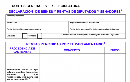 Formulario de declaración de bienes y rentas. FUENTE.- Parlamento