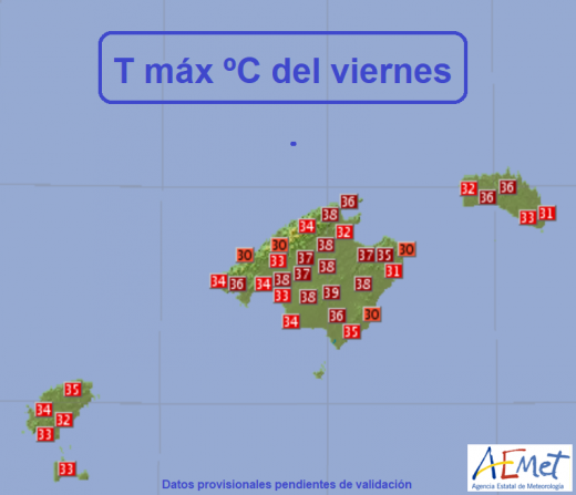 Mapa de temperaturas de la Aemet.