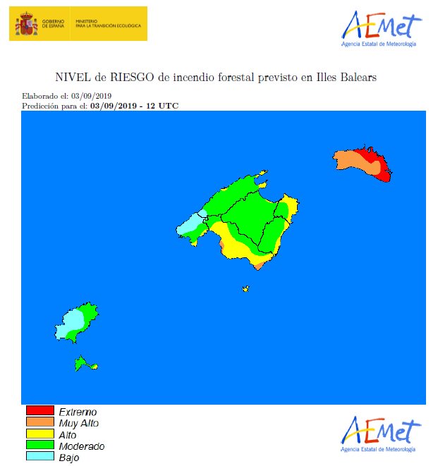 Mapa de riesgo de incendio de la Aemet.