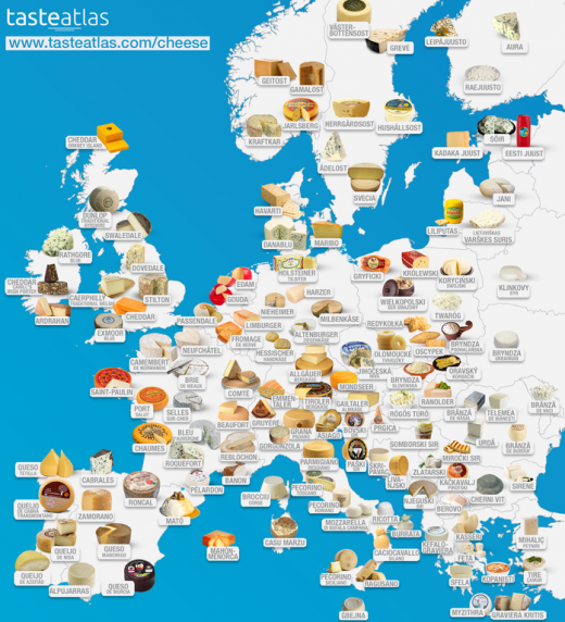 Mapa de los quesos europeos.