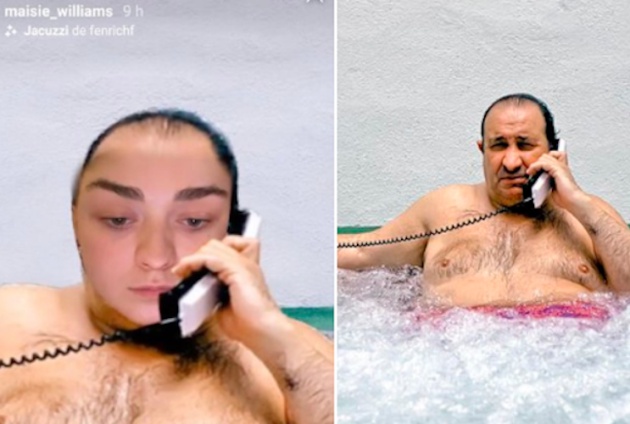 A la izquierda, Maisie Williams con el filtro; a la derecha, la imagen de Jesús Gil en el jacuzzi.