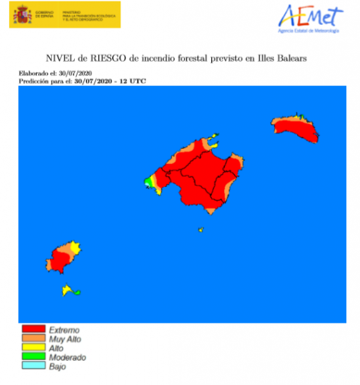 Mapa de riesgo de incendios en Baleares