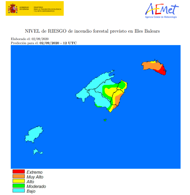 El riesgo de incendios es extremo y muy alto en Menorca (Foto: AEMET).