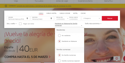 Captura de la página web de Iberia.