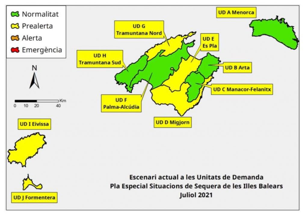 Mapa de la situación de la reservas hídricas el pasado mes de julio en Baleares