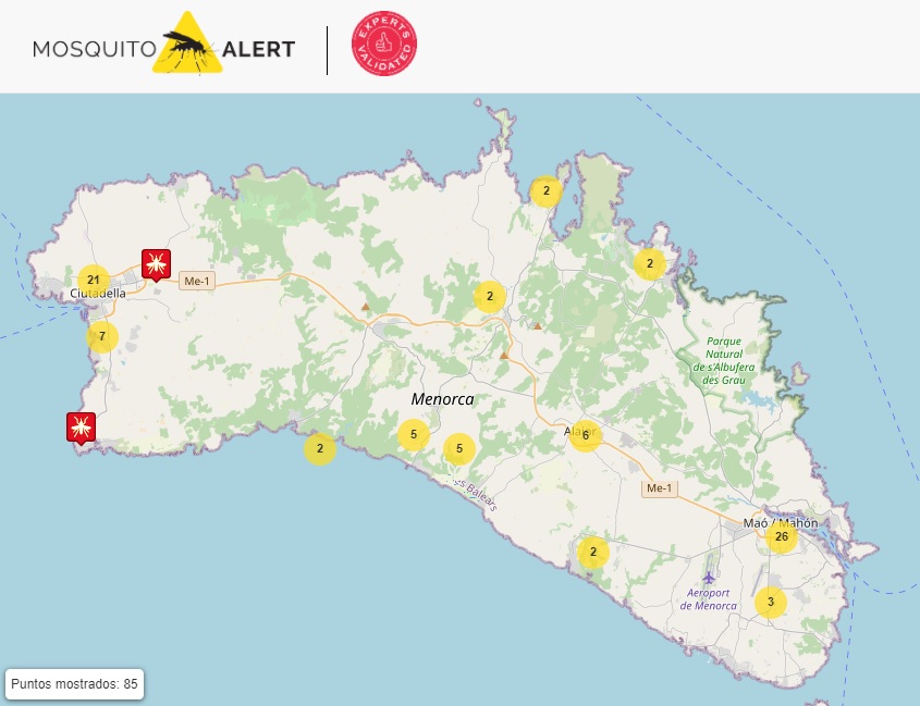 Imagen del mapa interactivo de Mosquito Alert