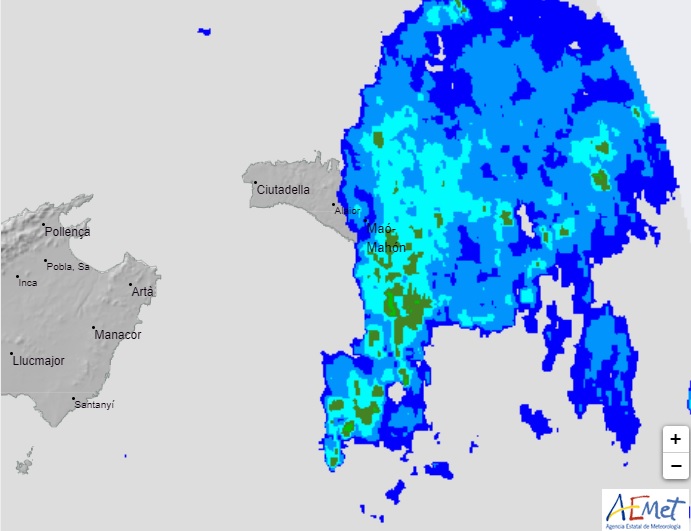 Imagen del radar de la Aemet a las 14.20 h de este martes