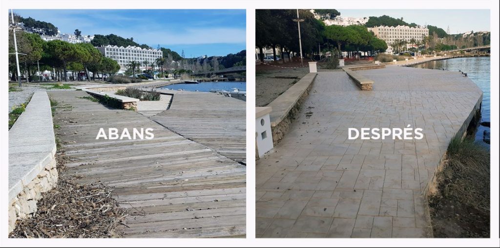 Antes y después de las obras en la pasarela (Foto: Aj. Ciutadella)