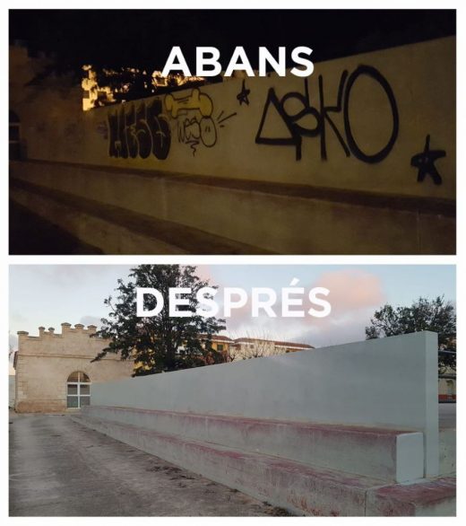 Antes y después de la tarea de limpieza de pintadas en Ciutadella