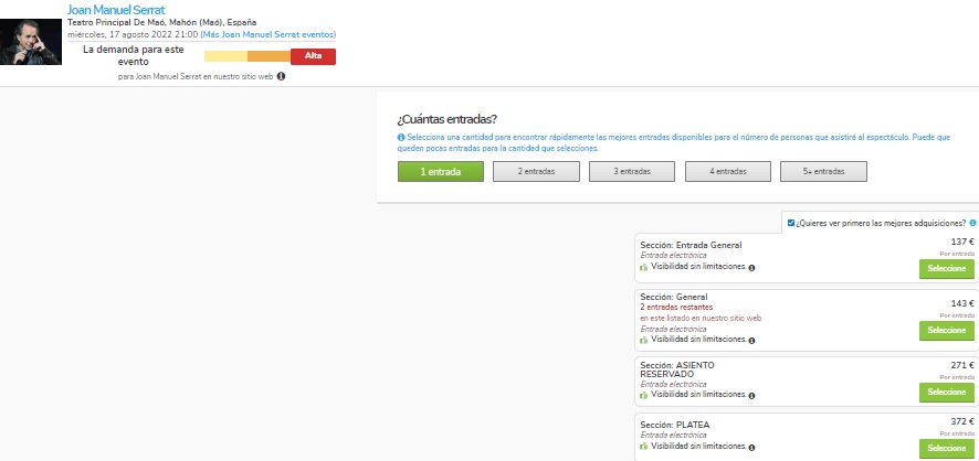Imagen de la web que ofrece la reventa de entradas al concierto de Serrat