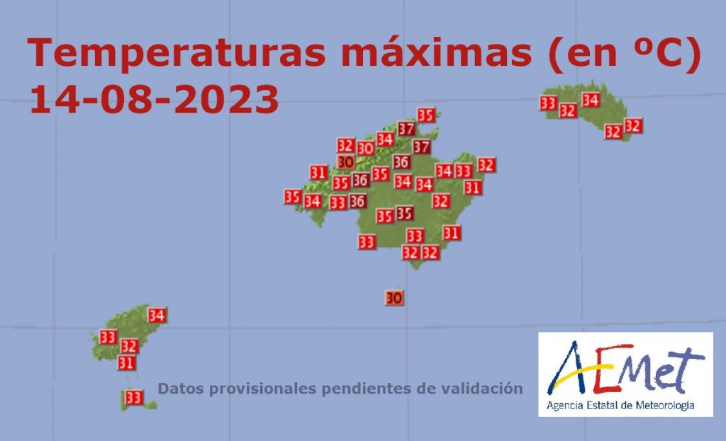 Las máximas de Menorca se han registrado en Es Mercadal, que alcanzará los 34º grados (Imagen: Aemet)
