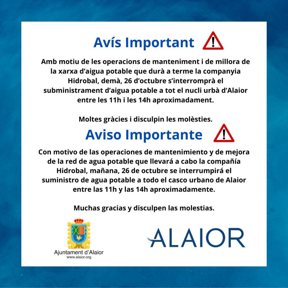 Hidrobal interrumpe el suministro de agua en Alaior este jueves por obras de mejora.