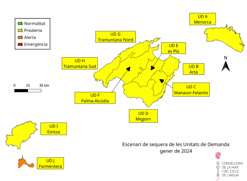 Mapa de las reservas hídricas de Baleares del pasado mes de enero