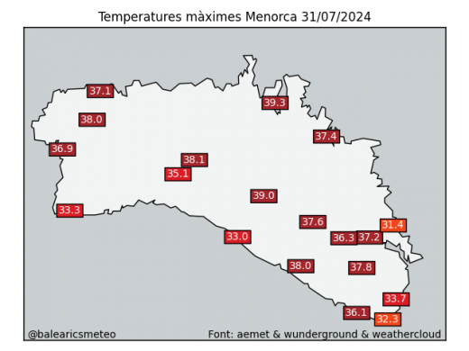 Temperaturas máximas de este miércoles, 31 de julio, en Menorca