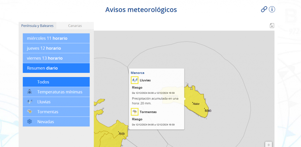 Mapa de alertas en Menorca.