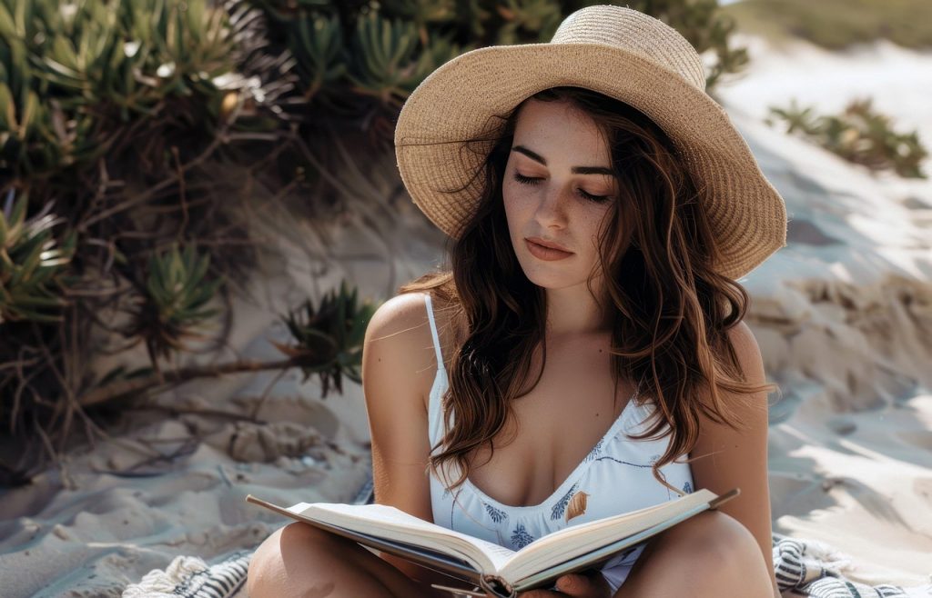 Mujer leyendo en la playa.